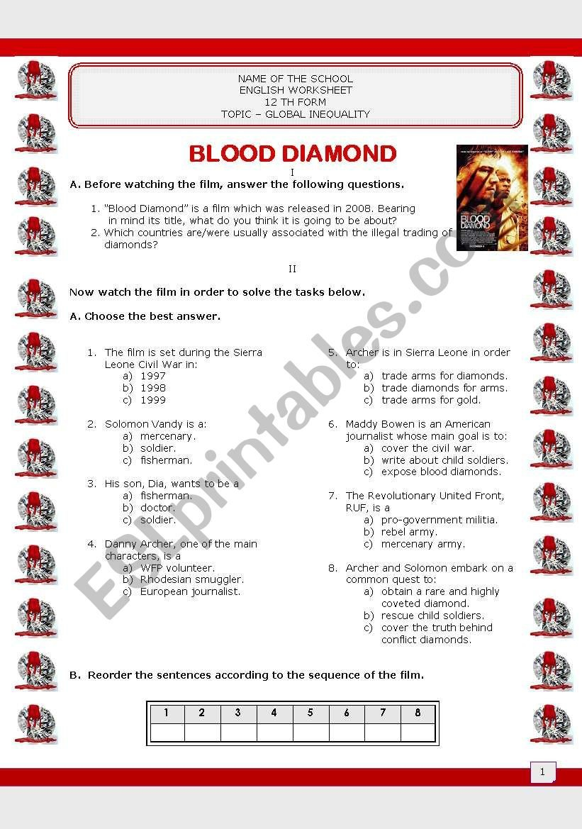 Film Blood Diamondglobal Inequalityhuman Rights  Esl Worksheet As Well As Blood Diamond Worksheet Answers