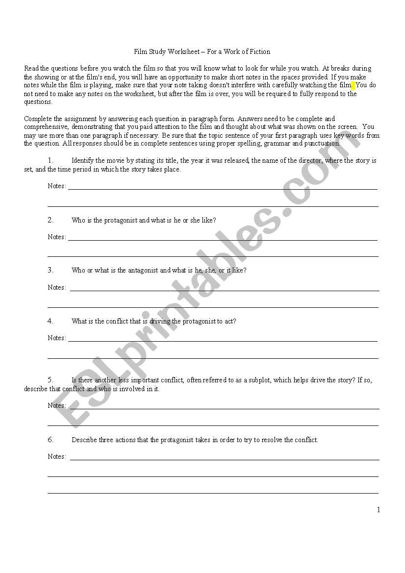 Film Study  Esl Worksheetmasupet Or Film Study Worksheet For A Work Of Fiction Answers