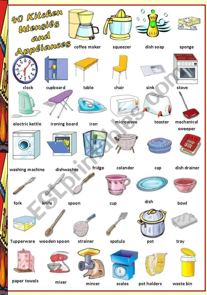 Find 40 Kitchen Utensils And Appliances  Esl Worksheetvanda51 Along With Kitchen Utensils And Appliances Worksheet Answers