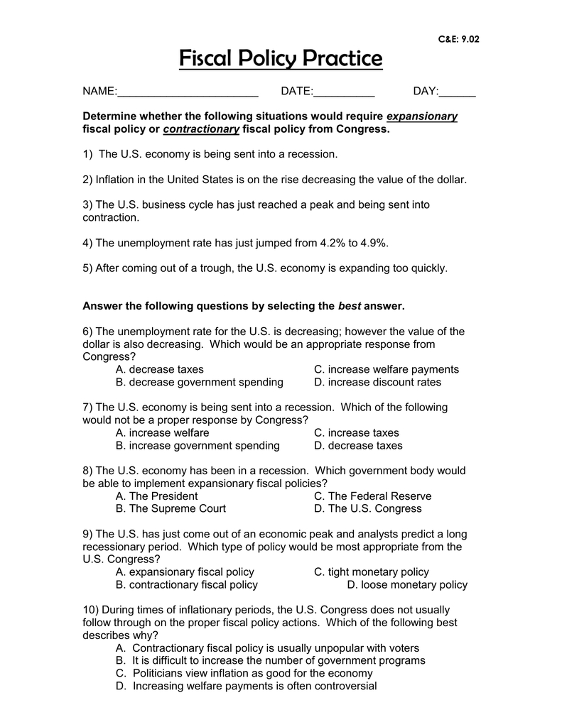Fiscal Policy Practice Within Monetary Policy Worksheet Answers