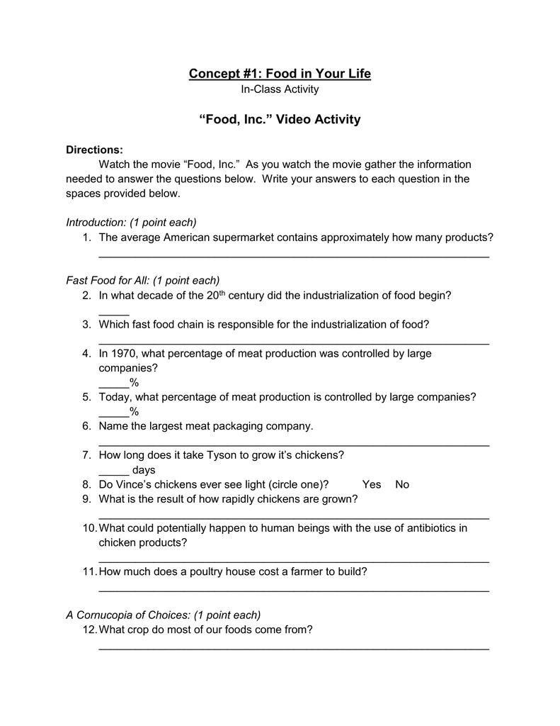 Food Inc” Video Activity For Food Inc Worksheet Answer Key