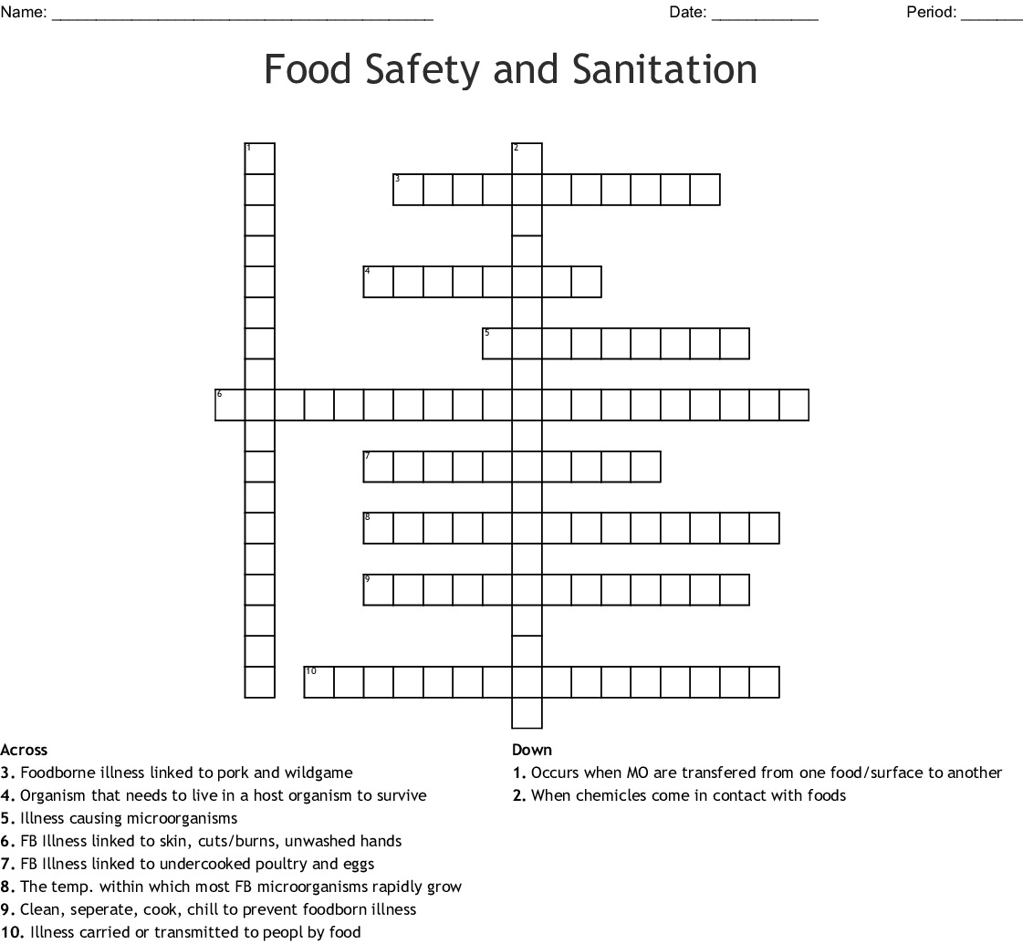 Food Safety And Sanitation Crossword  Wordmint In Food Safety And Sanitation Worksheet Answers
