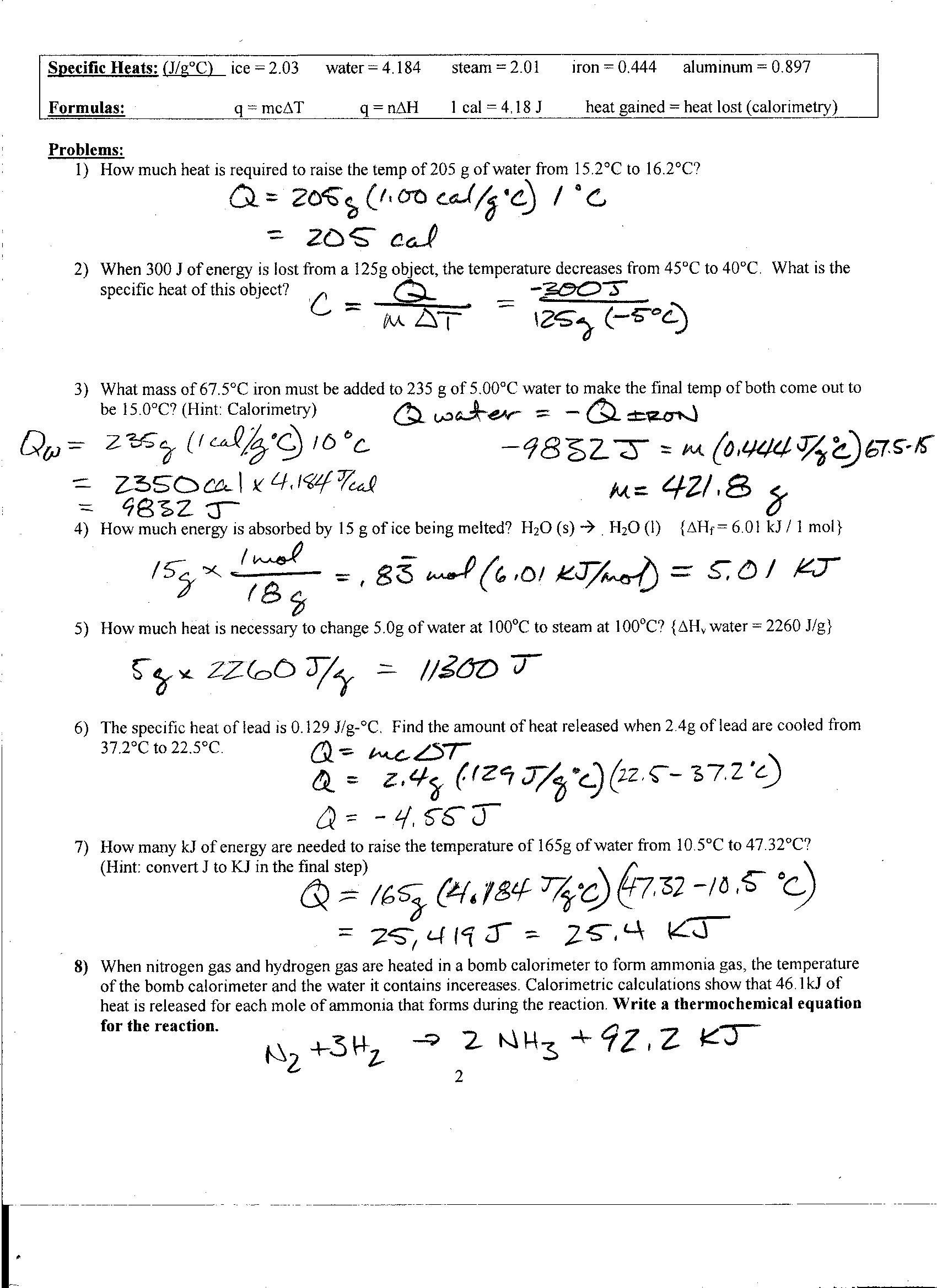 Foothill High School For Specific Heat Problems Worksheet
