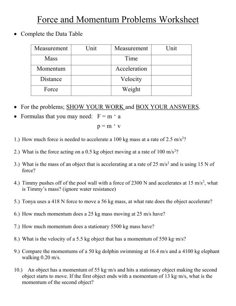 Force And Momentum Problems Worksheet In Momentum Problems Worksheet Answers