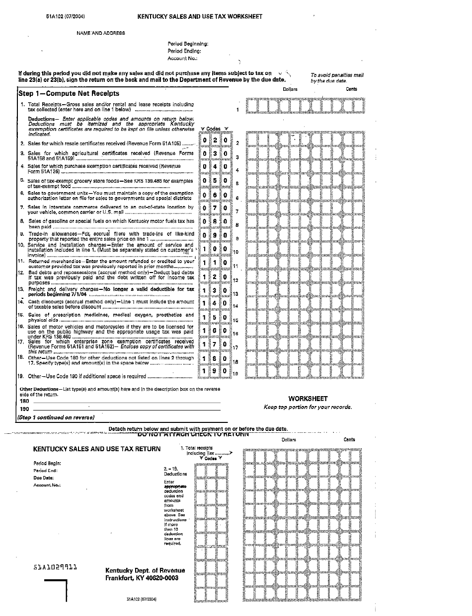 Form 51A102  Kentucky Sales And Use Tax Worksheet  Department Of Or Kentucky Sales And Use Tax Worksheet