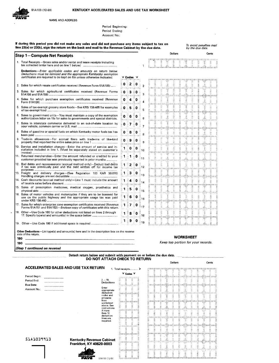 Form 51A103  Accelerated Sales And Use Tax Worksheet Printable Pdf Together With Kentucky Sales And Use Tax Worksheet