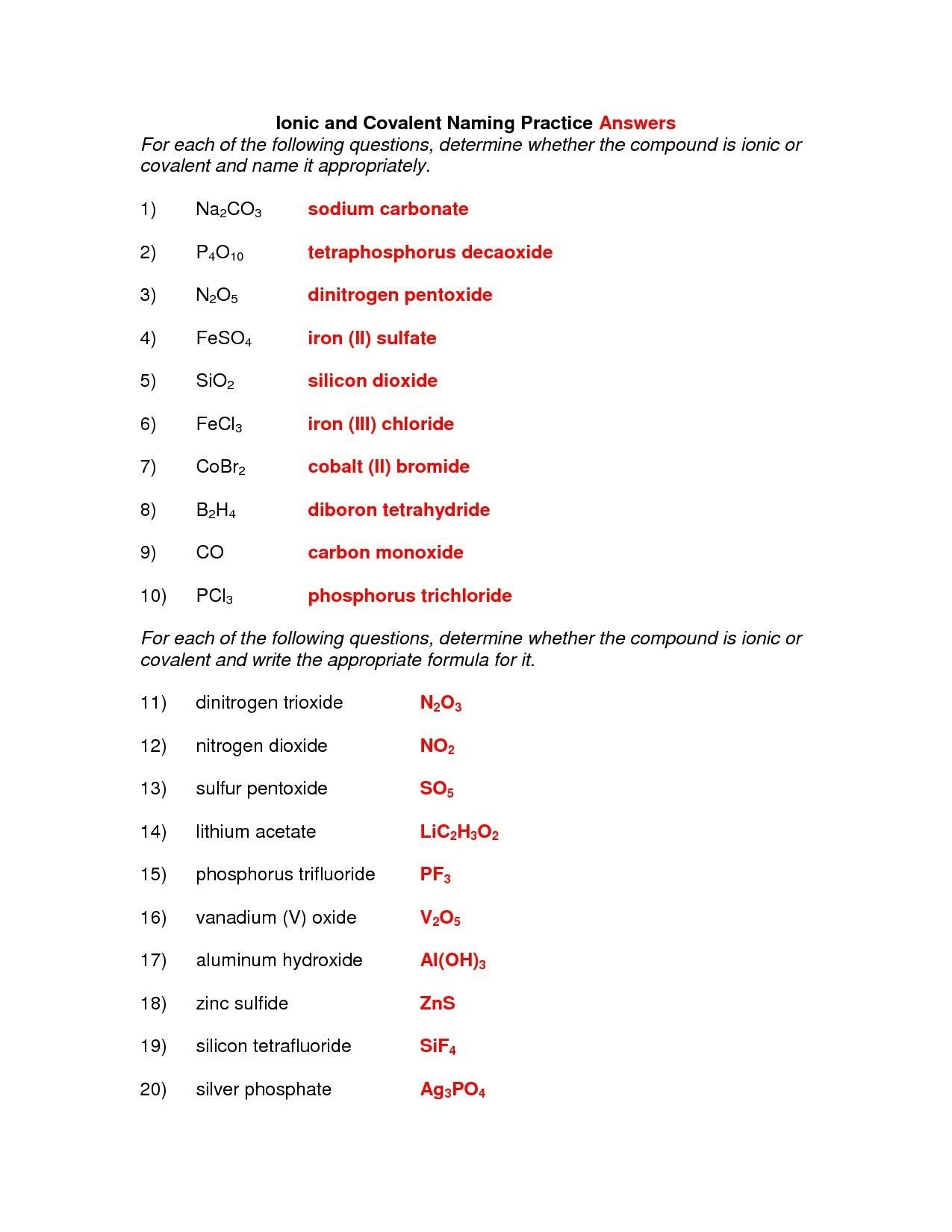 Formulas And Nomenclature Binary Ionic Compounds Worksheet Answers For Naming Chemical Compounds Worksheet