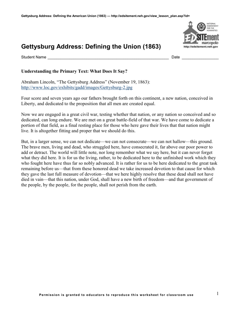 Fragment On The Constitution And Union With Gettysburg Address Worksheet