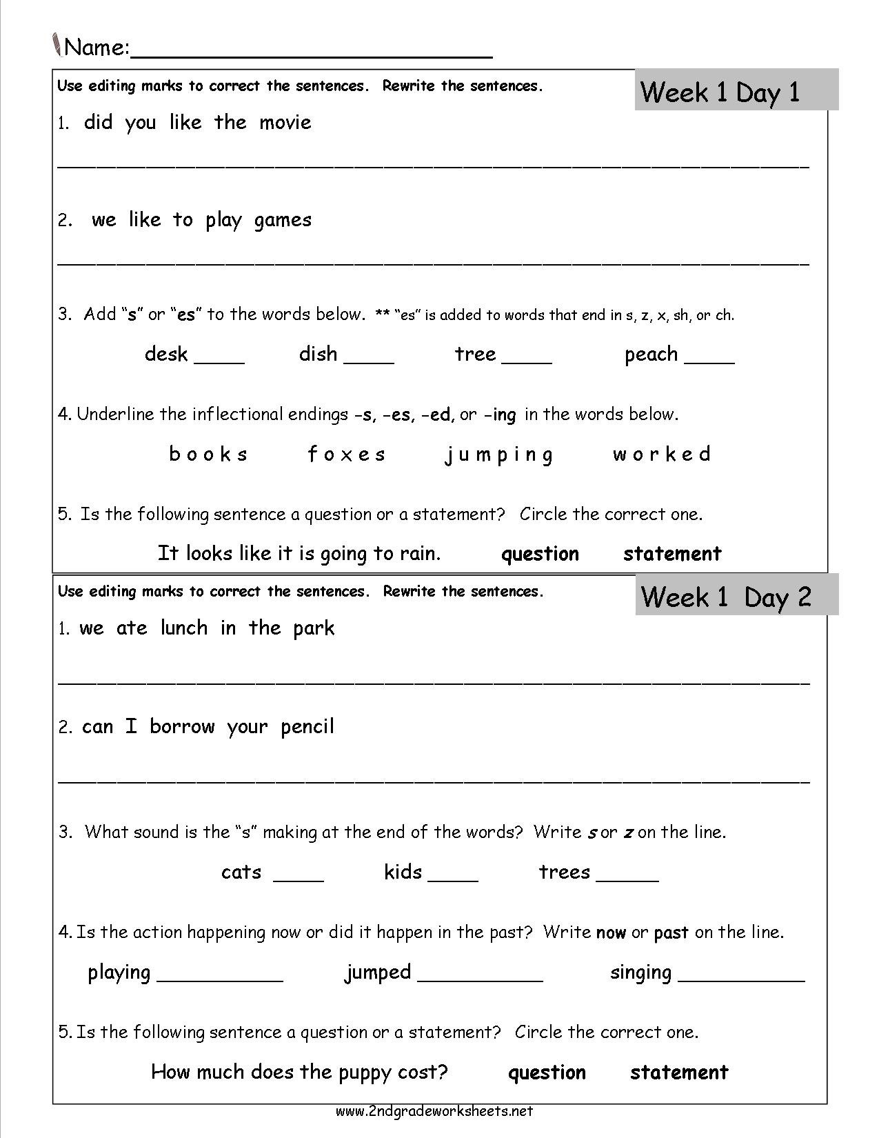 Free 2Nd Grade Daily Language Worksheets Or Editing Practice Worksheets