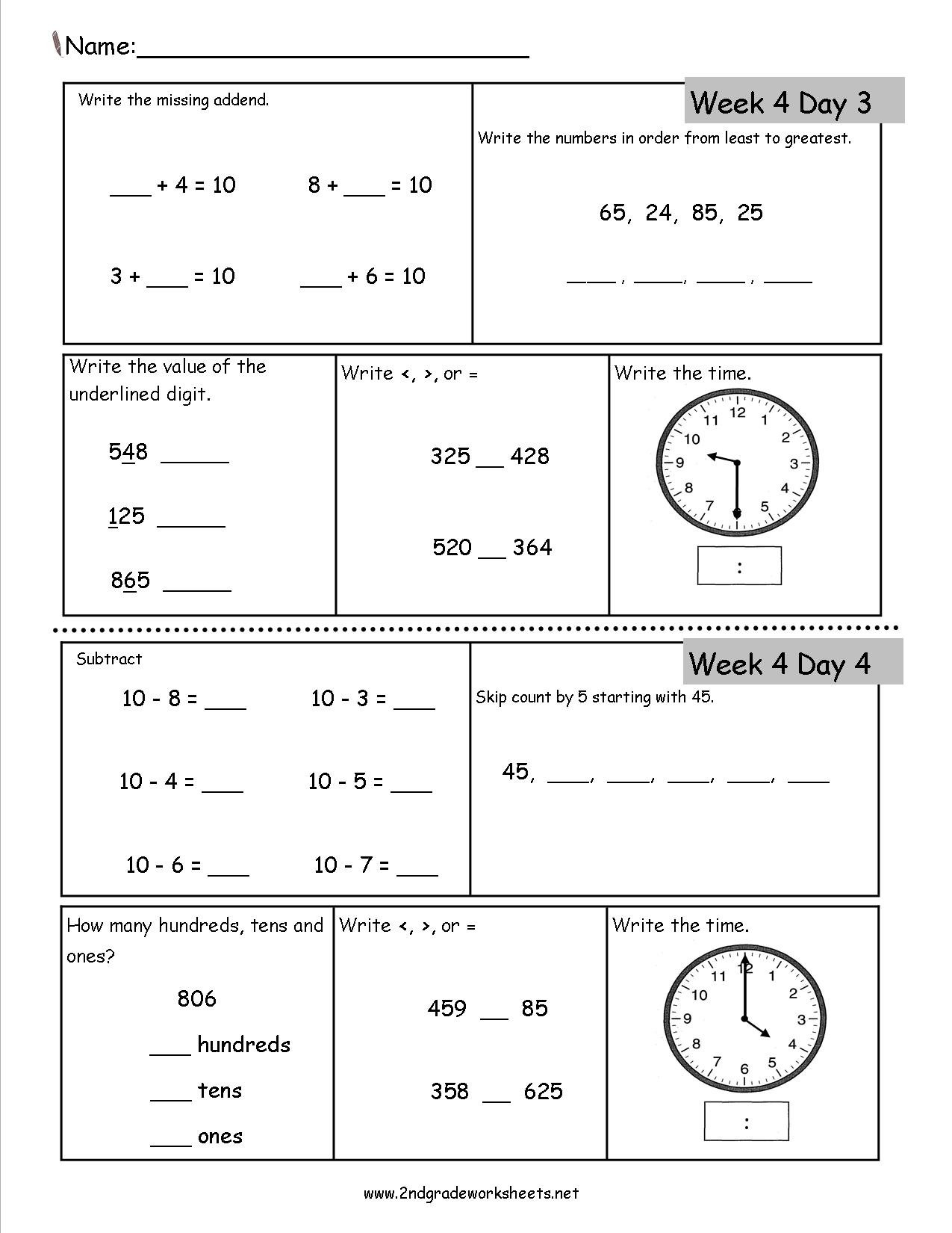 Free 2Nd Grade Daily Math Worksheets Pertaining To Second Grade Preparation Worksheets