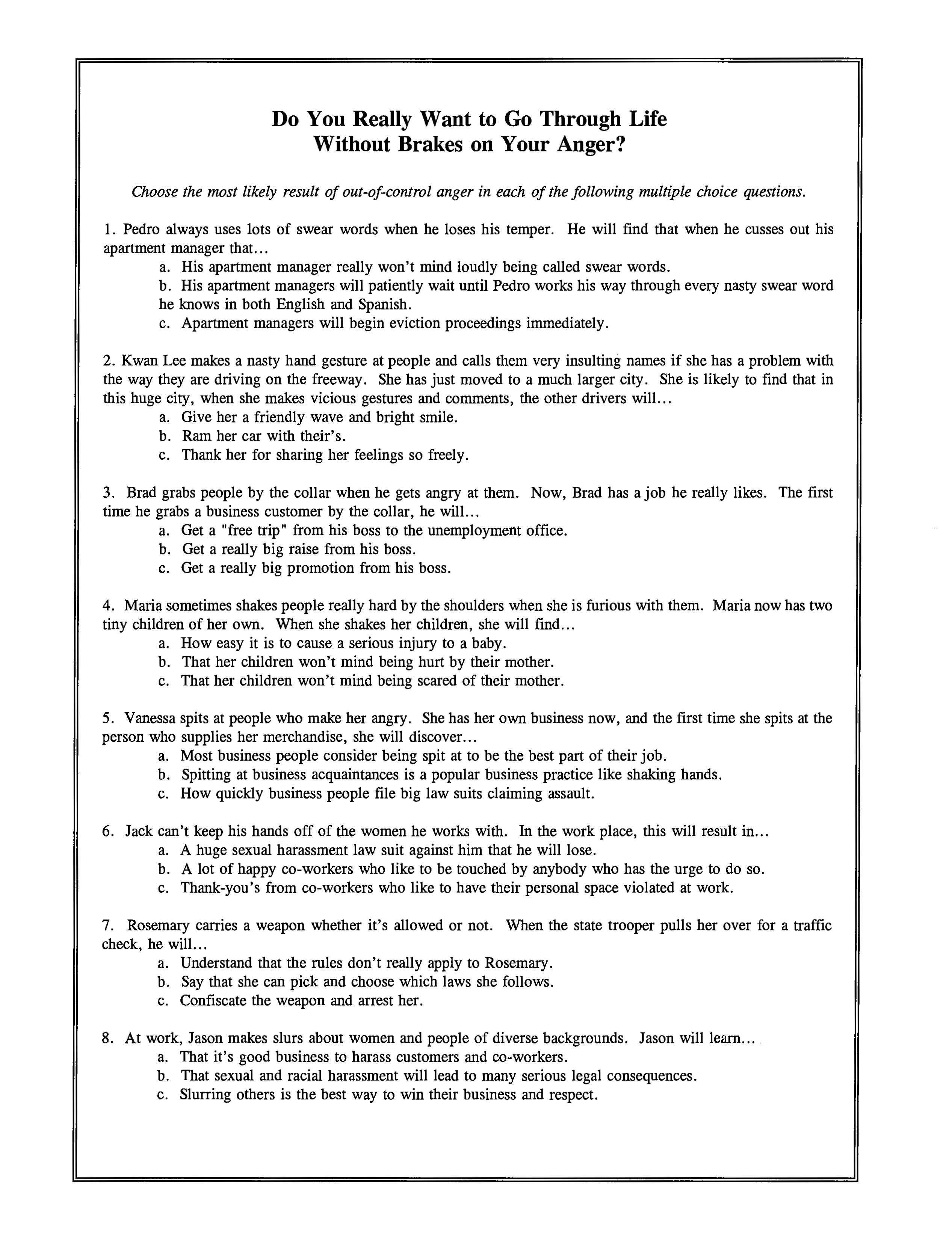 Free Anger Management Worksheets  Yooob And Anger Management Worksheets Pdf