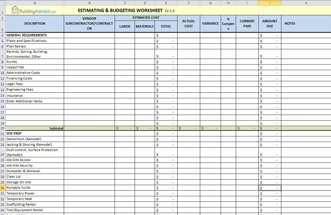 Free Construction Estimating Spreadsheet For Building And Remodeling ... Also Renovation Spreadsheet Template