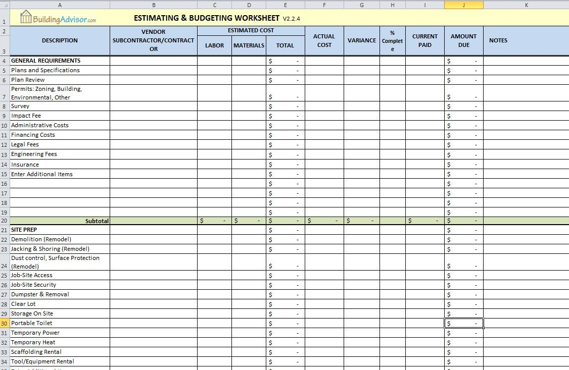 Free Construction Estimating Spreadsheet For Building And Remodeling ... For New Home Budget Spreadsheet