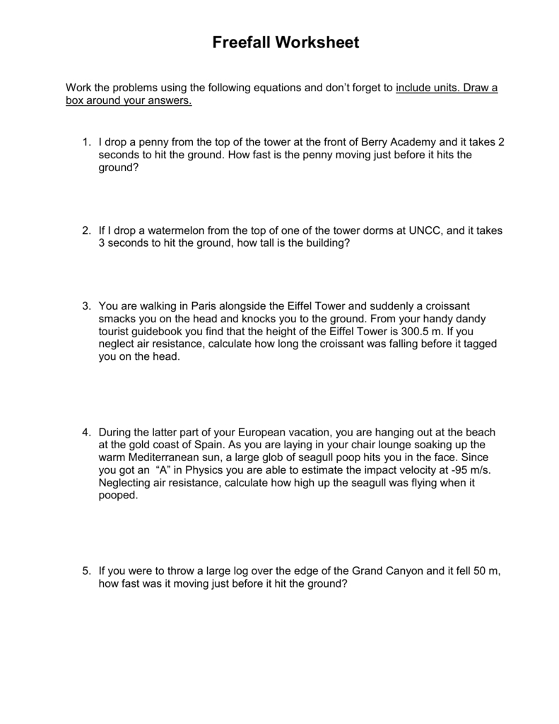Free Fall Worksheet Answers Pertaining To Acceleration And Free Fall Worksheet Answers