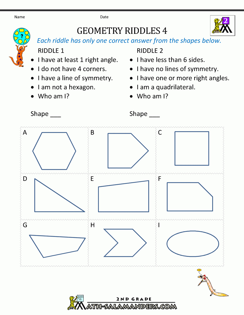 Free Geometry Worksheets 2Nd Grade Geometry Riddles Within 4Th Grade Geometry Worksheets