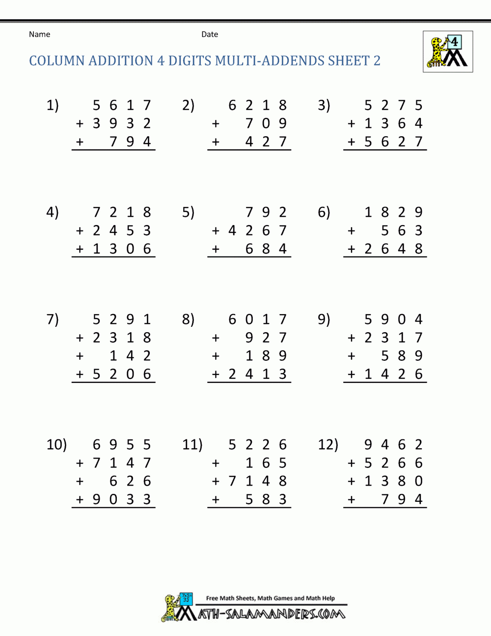 Free Math Addition Worksheets 4Th Grade Along With Homeschool Math Worksheets