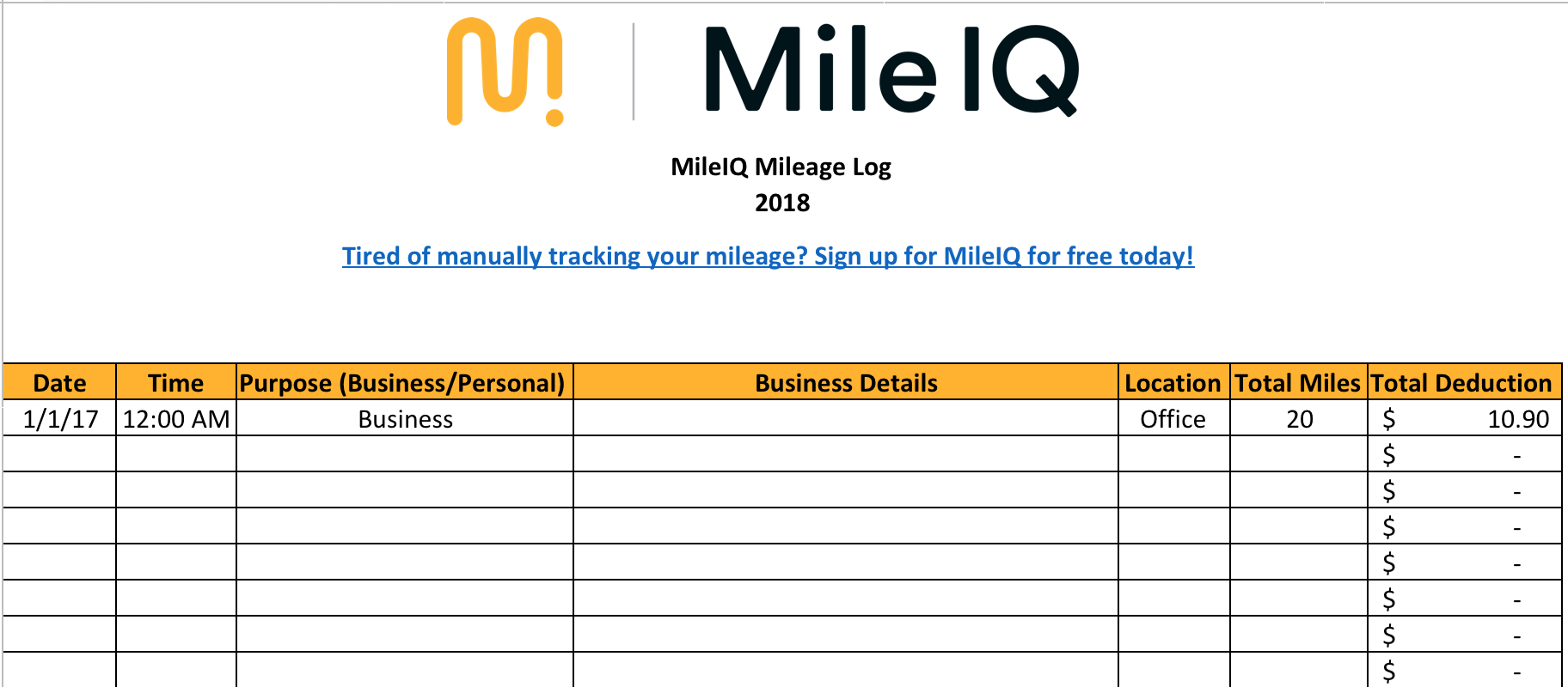 Free Mileage Log Template For Excel   Track Your Miles Intended For 1040 Excel Spreadsheet 2018