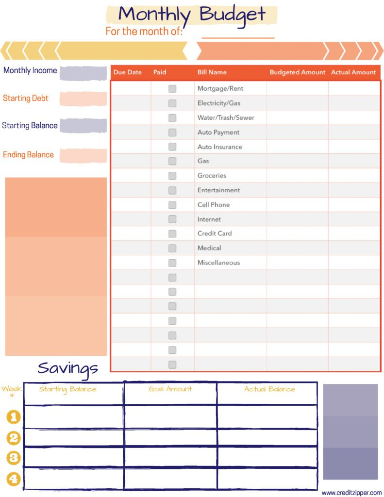 Free Monthly Budget Printable  Credit Zipper With Regard To Free Monthly Budget Worksheets