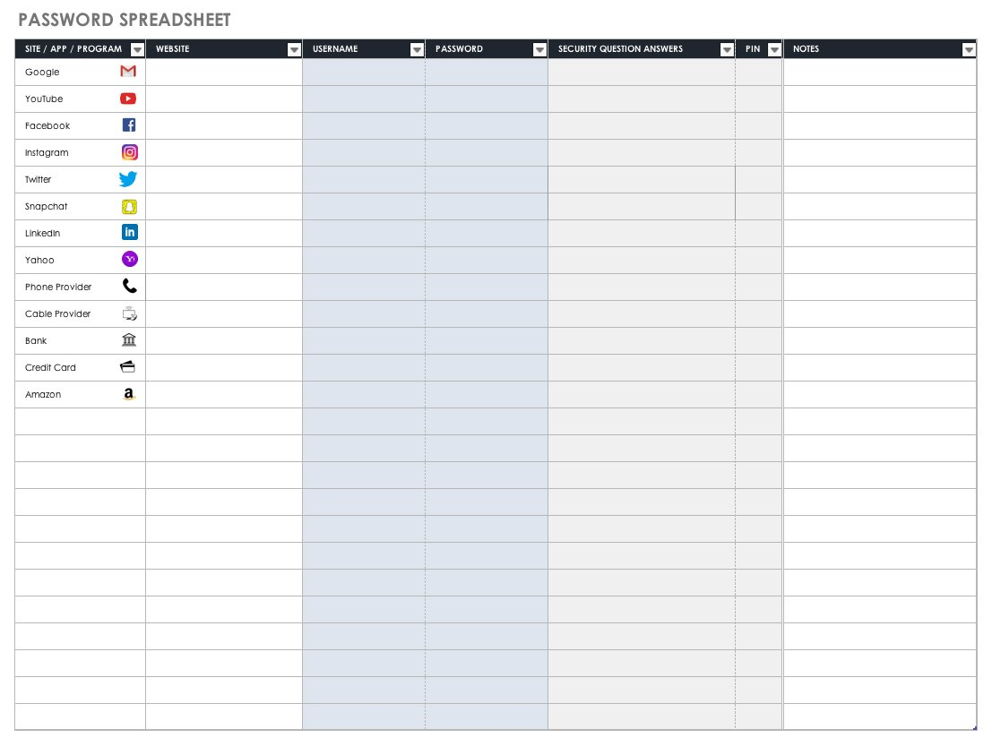Free Password Templates And Spreadsheets | Smartsheet Throughout Password Spreadsheet Template