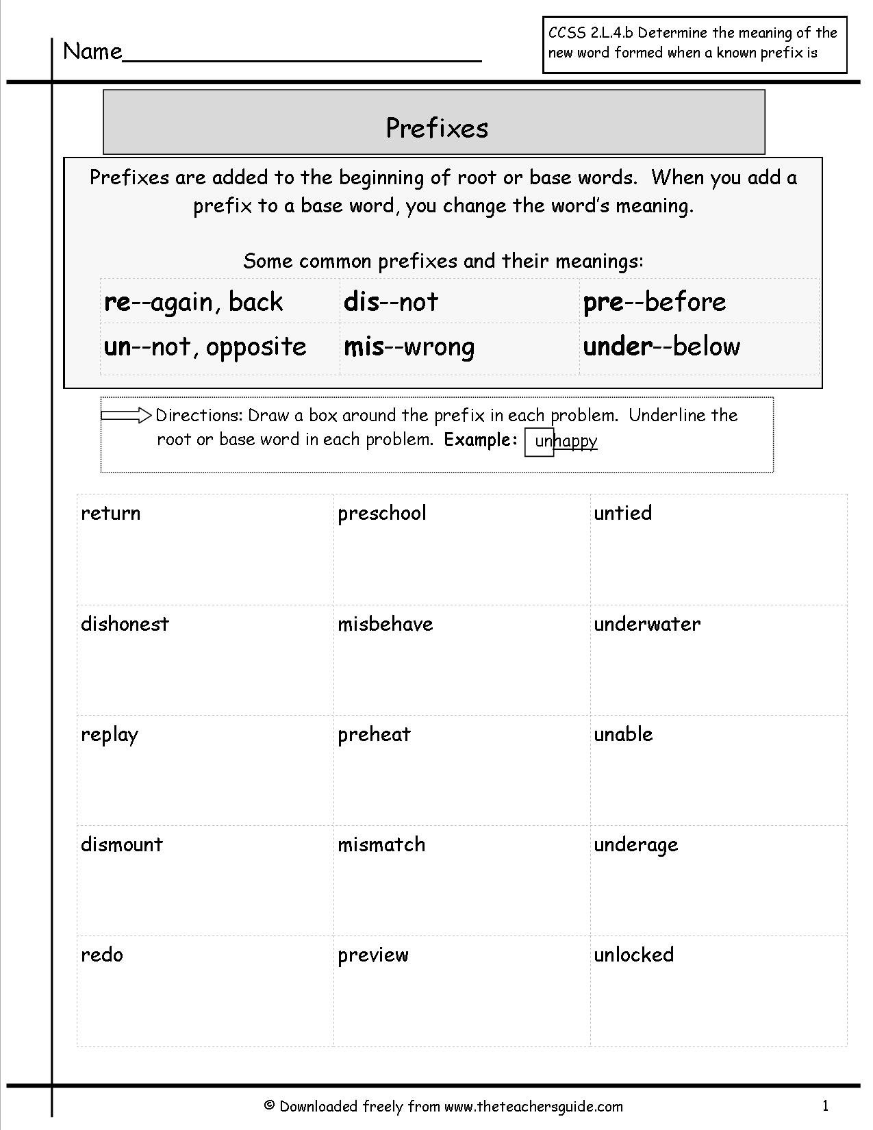 Free Prefixes And Suffixes Worksheets From The Teacher's Guide Or Prefix Worksheets 3Rd Grade