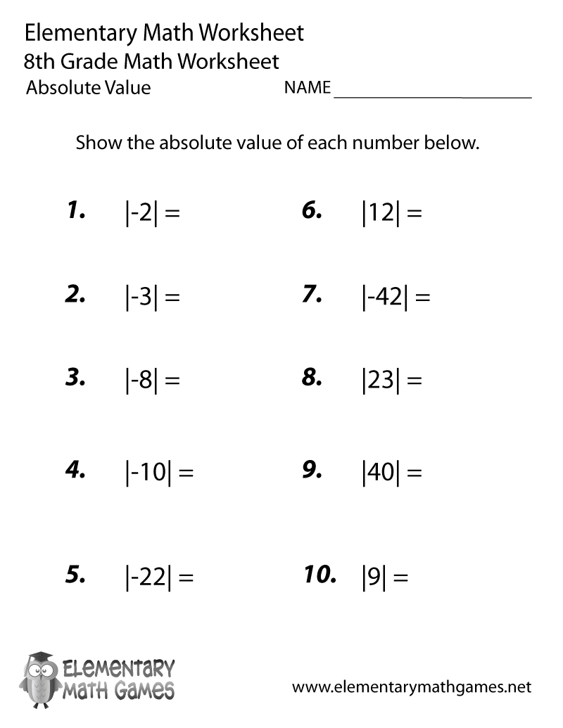Free Printable Absolute Value Worksheet For Eighth Grade Throughout 8Th Grade Worksheets