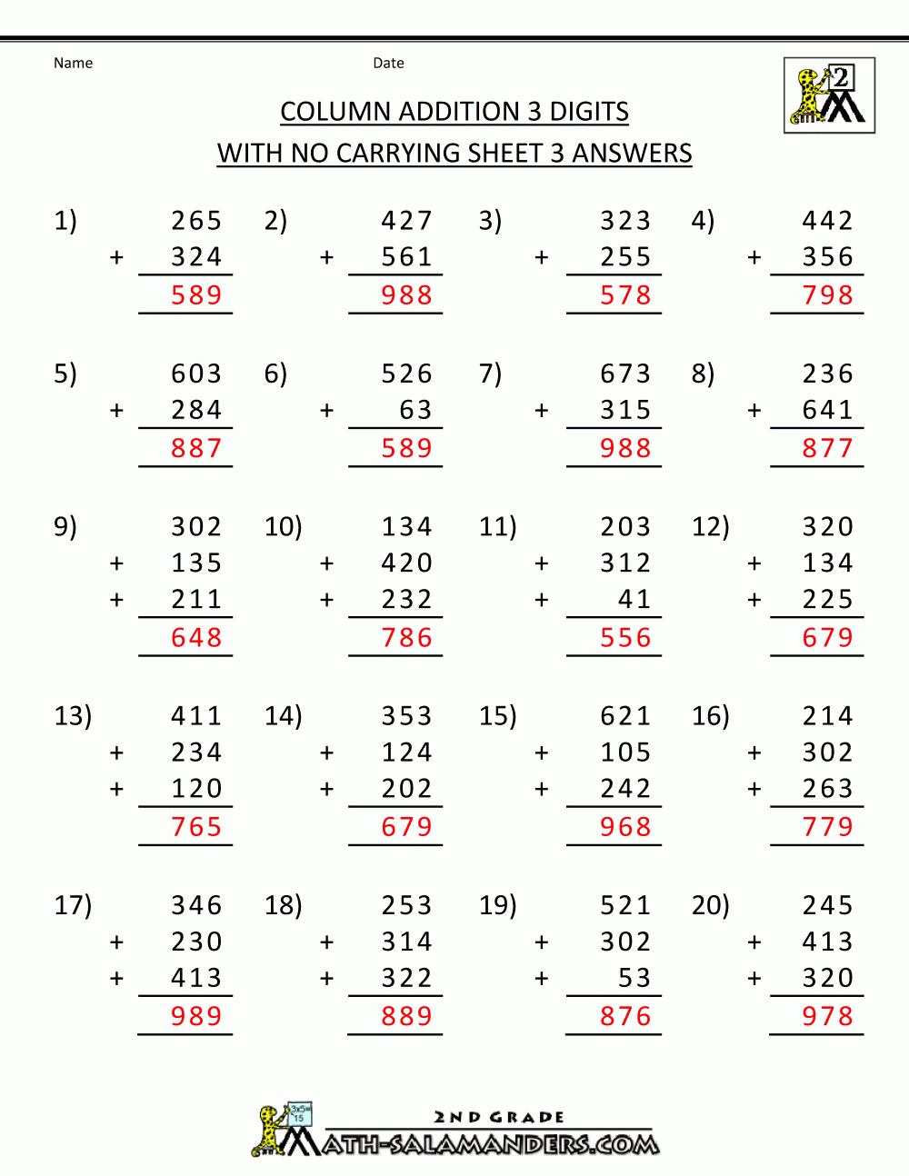 Free Printable Addition Worksheets 3 Digits With Math Worksheet Answers