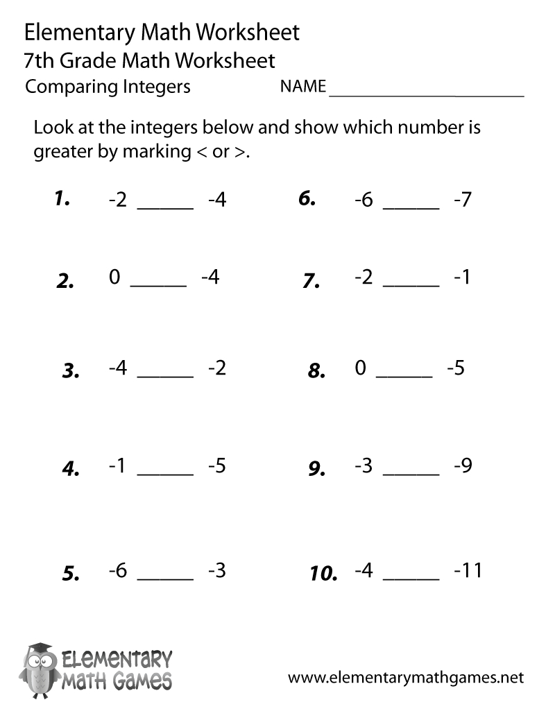 Free Printable Comparing Integers Worksheet For Seventh Grade Pertaining To Getting Ready For 7Th Grade Worksheets