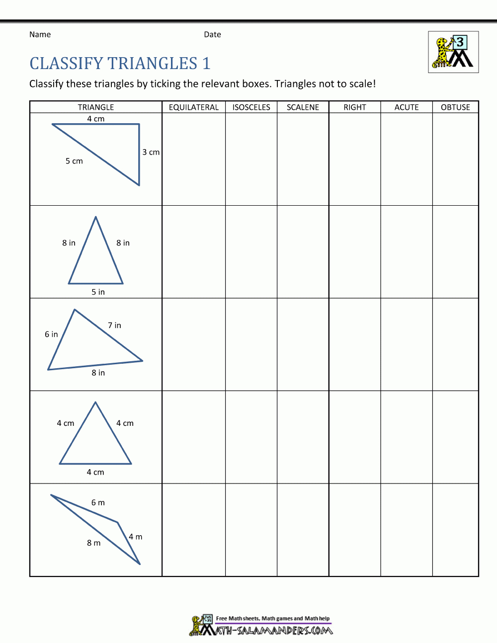 Free Printable Geometry Worksheets 3Rd Grade Also Classifying Triangles Worksheet With Answer Key