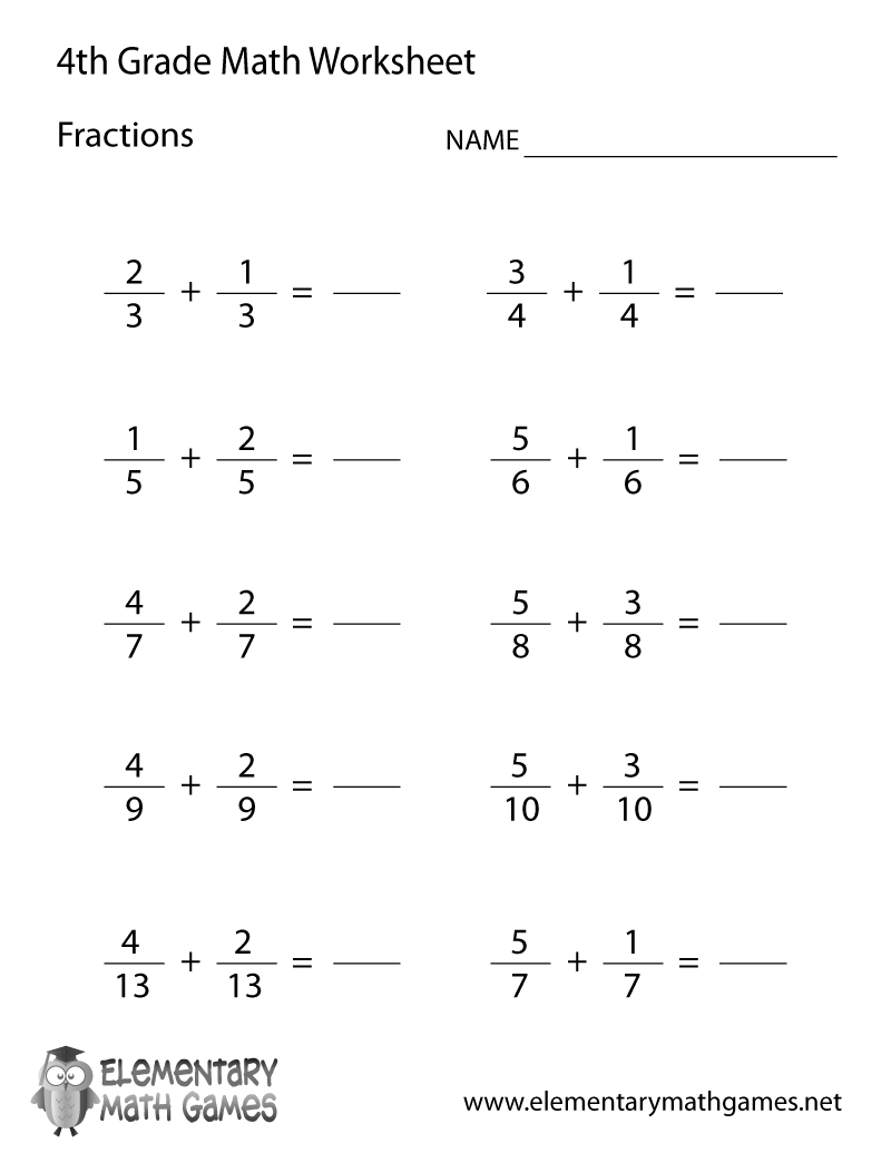 Free Printable Learning Fractions Worksheet For Fourth Grade For 4Th Grade Learning Worksheets
