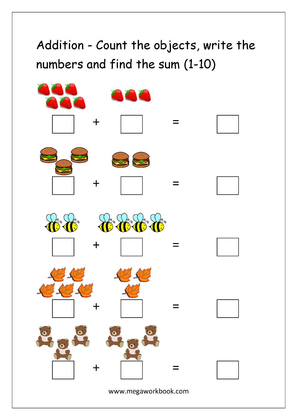 Free Printable Number Addition Worksheets 110 For Kindergarten As Well As Picture Addition Worksheets