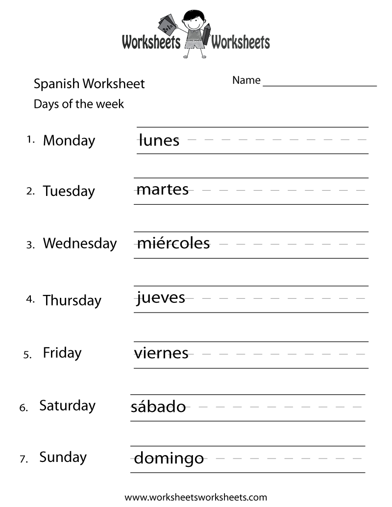 Free Printable Spanish Days Of The Week Worksheet With Printable Spanish Worksheets
