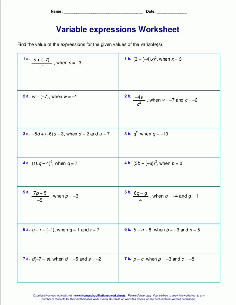 Free Worksheets For Evaluating Expressions With Variables Grades 6 Within Math Variable Worksheets