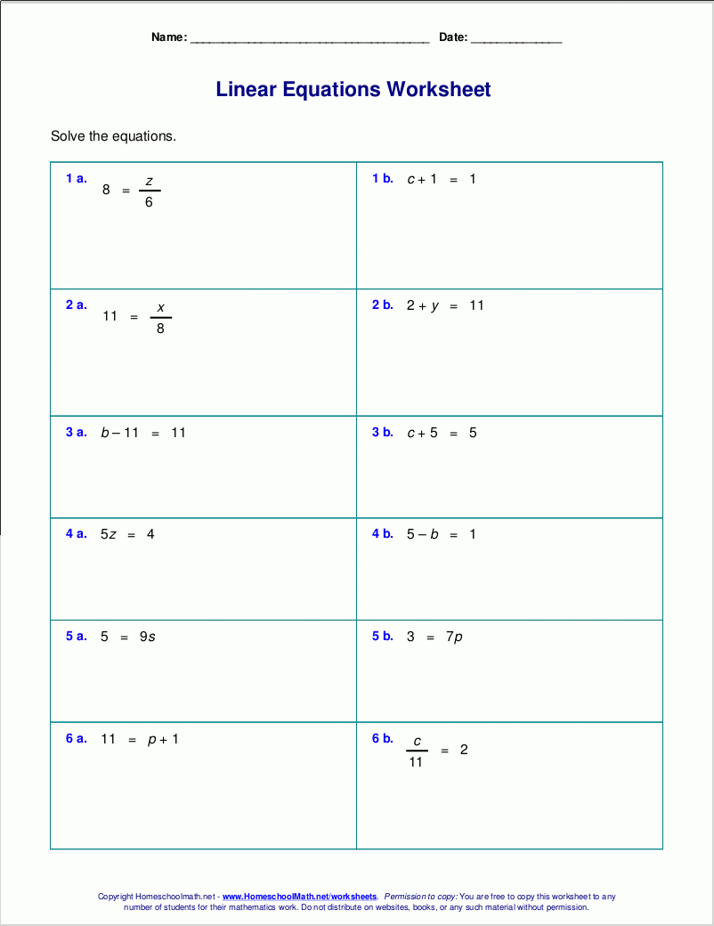 Free Worksheets For Linear Equations Grades 69 Prealgebra Along With Solving Linear Equations Worksheet Answers