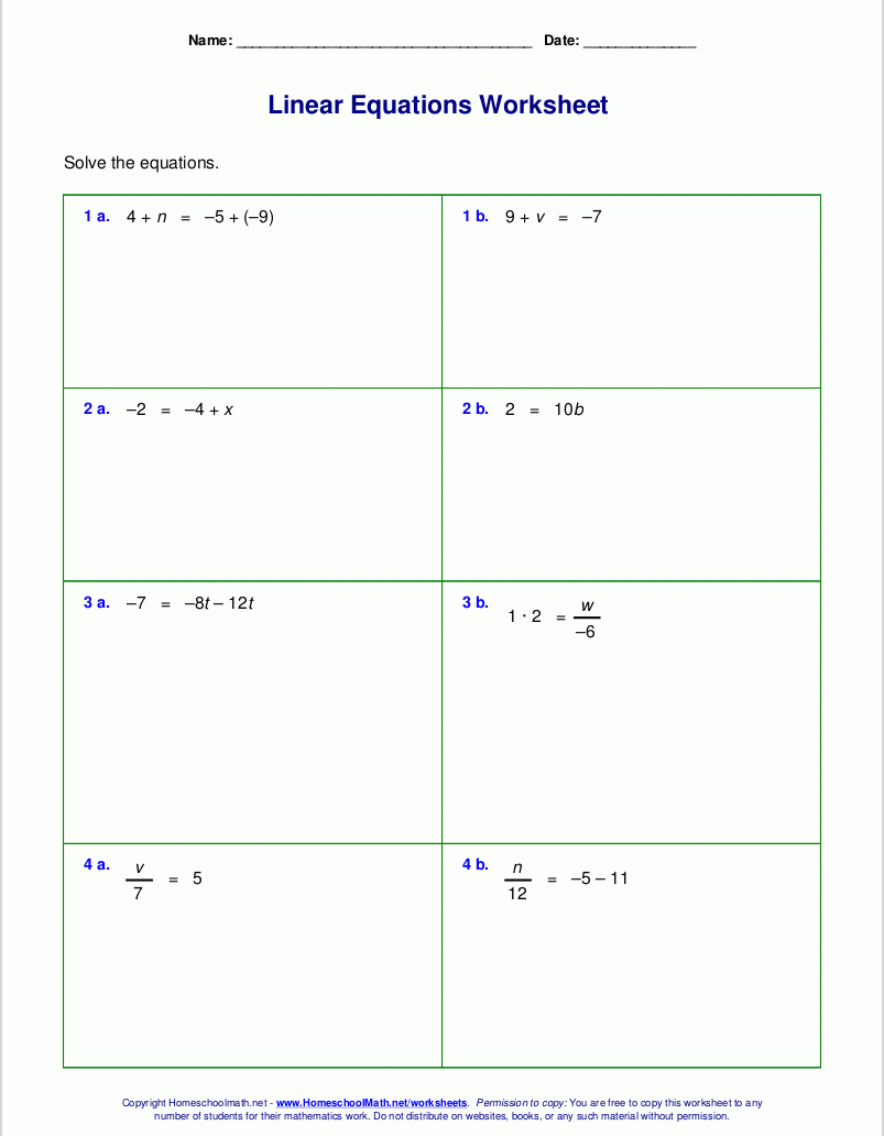 Free Worksheets For Linear Equations Grades 69 Prealgebra And Solving Equations With Variables Worksheets