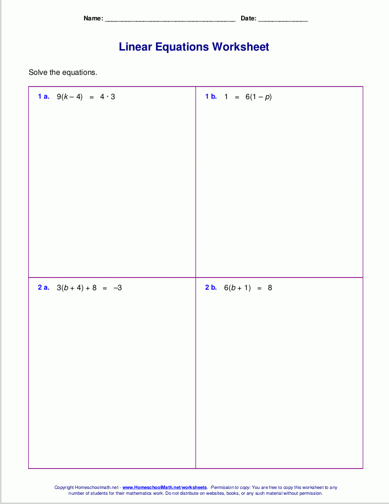 Free Worksheets For Linear Equations Grades 69 Prealgebra As Well As Linear Equations In One Variable Class 8 Worksheets
