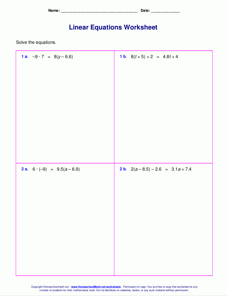 Free Worksheets For Linear Equations Grades 69 Prealgebra For Solving Equations Worksheet Pdf