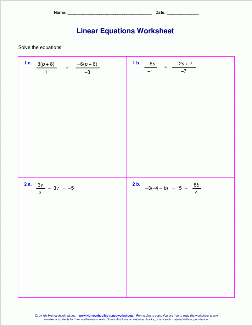 Free Worksheets For Linear Equations Grades 69 Prealgebra With Regard To Linear Equations In One Variable Class 8 Worksheets