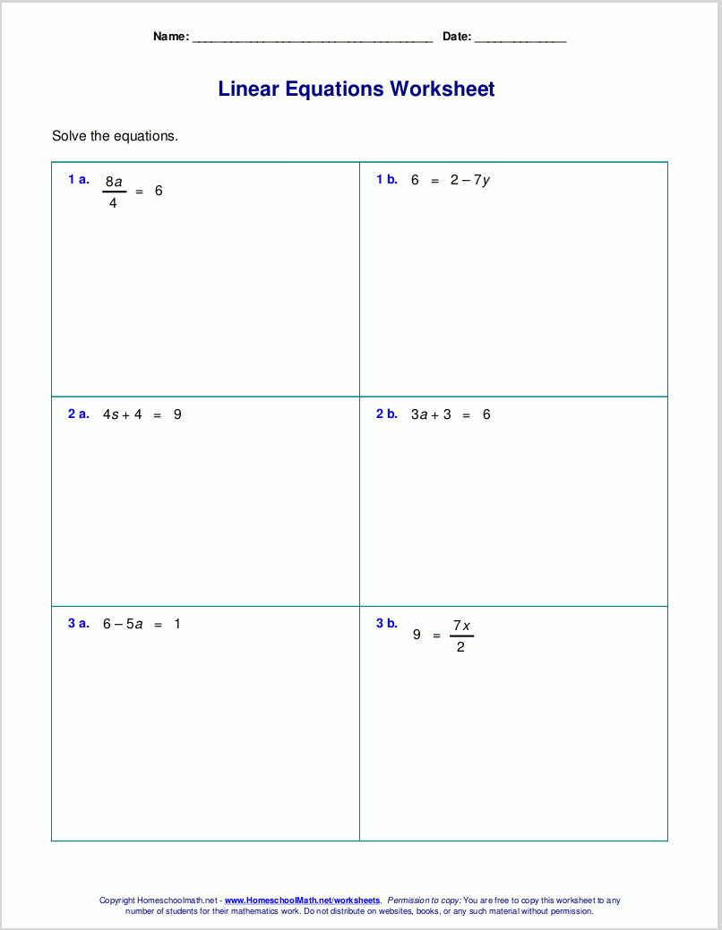 Free Worksheets For Linear Equations Grades 69 Prealgebra Within 7 8Th Grade Math Worksheets