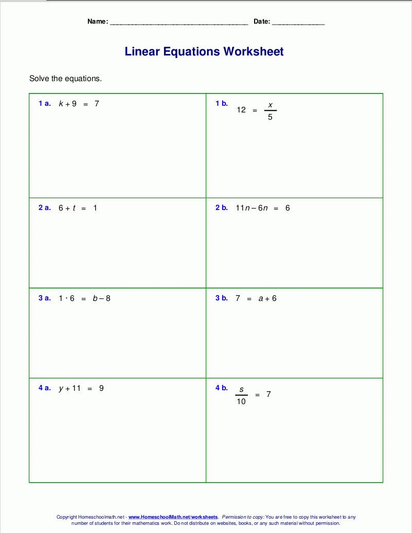 Free Worksheets For Linear Equations Grades 69 Prealgebra Within Algebra Equations Worksheets