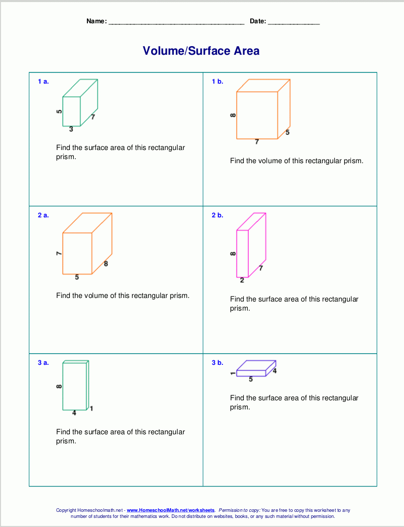 Free Worksheets For The Volume And Surface Area Of Cubes And Area Perimeter Volume Worksheets Pdf