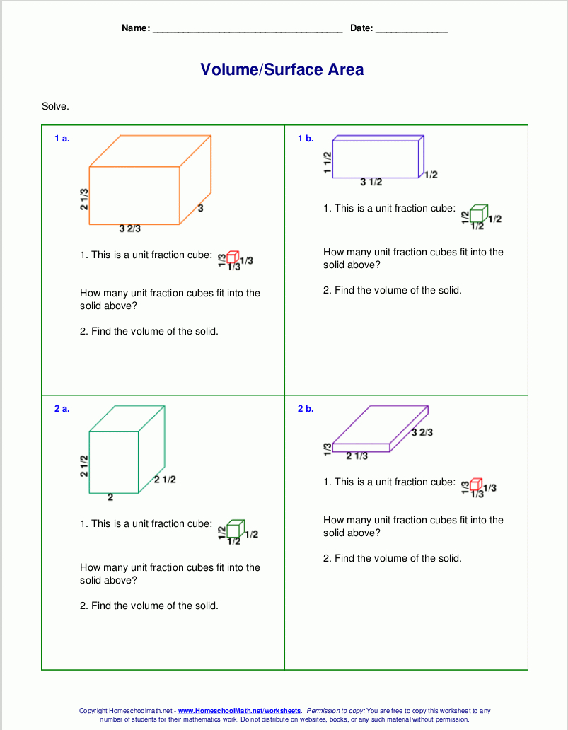 Free Worksheets For The Volume And Surface Area Of Cubes In Volume Rectangular Prism Worksheet Answers
