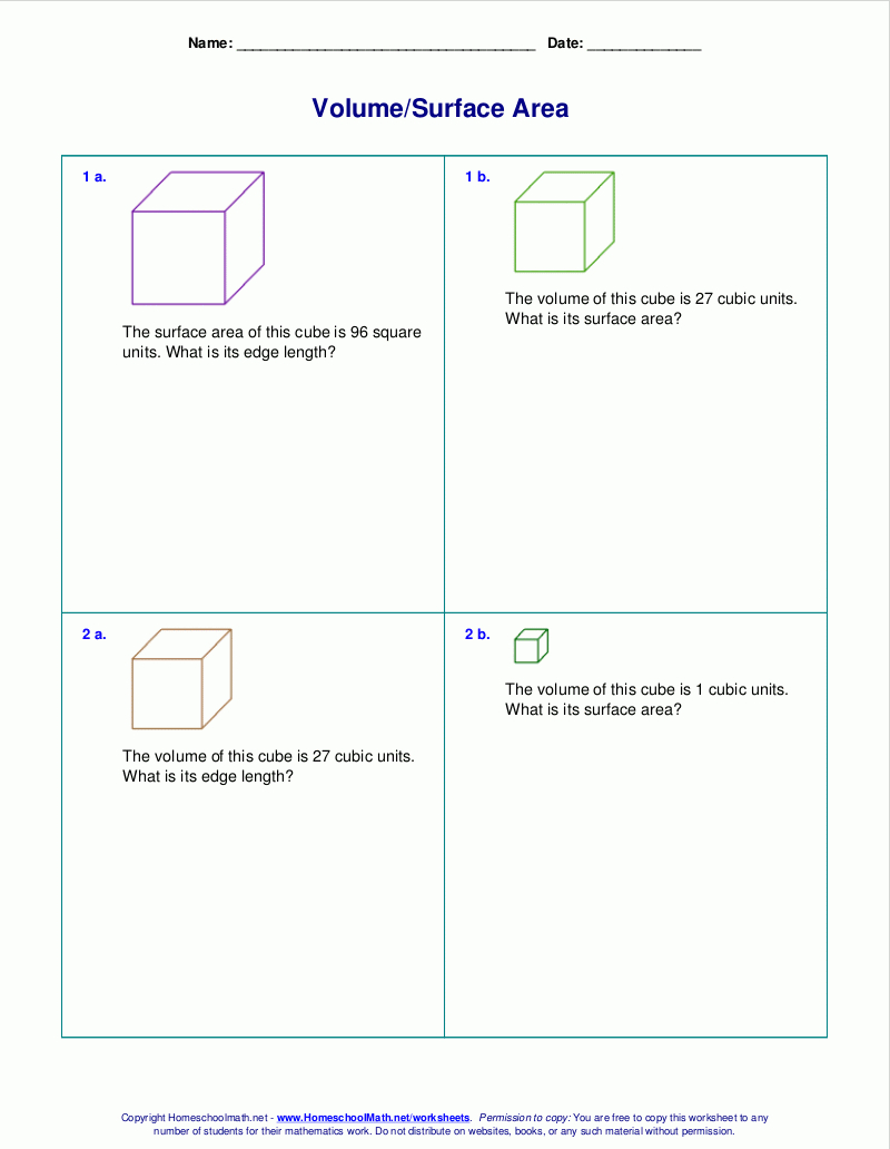 Free Worksheets For The Volume And Surface Area Of Cubes Intended For Surface Area Worksheet 7Th Grade