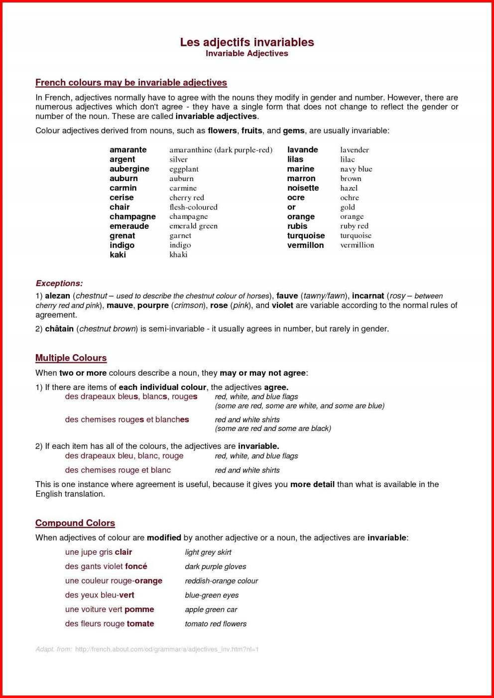 French Adjective Worksheets Printable Free Luxury Simile And Also French Adjectives Worksheet