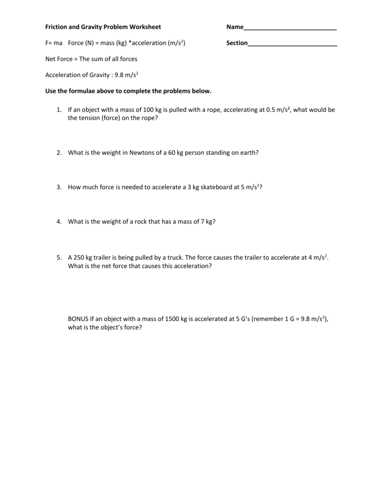 Friction And Gravity Problem Worksheet With Regard To Friction And Gravity Worksheet Answers