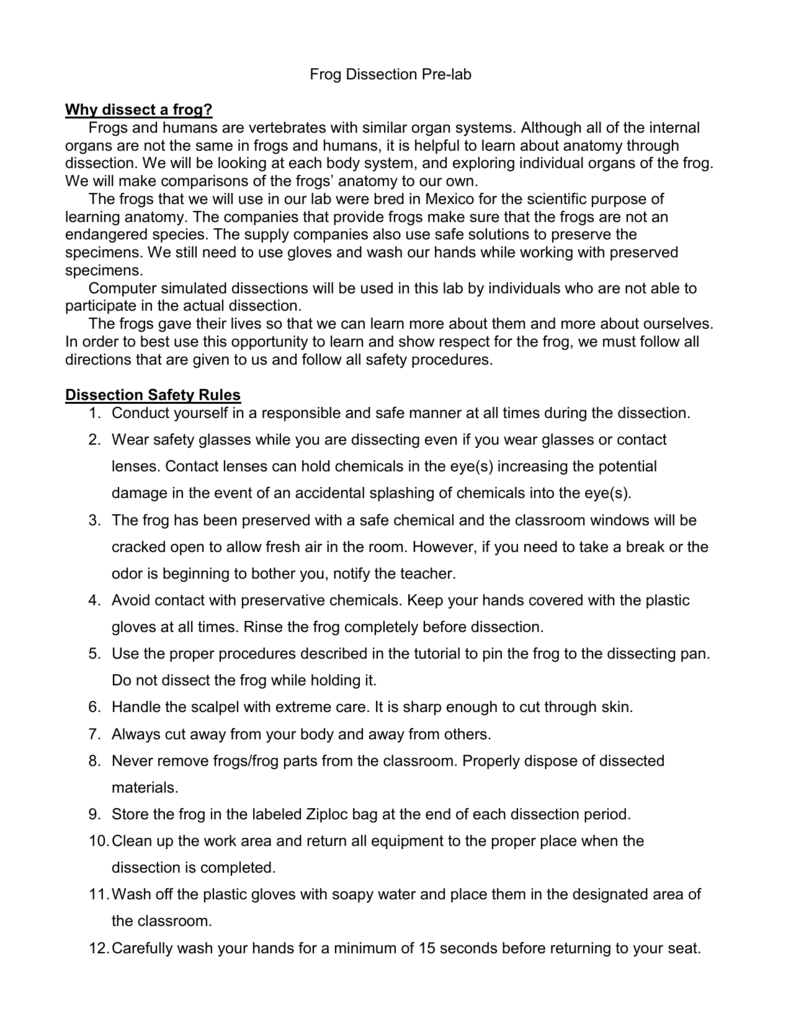 Frog Dissection Prelab With Frog Dissection Pre Lab Worksheet Answer Key
