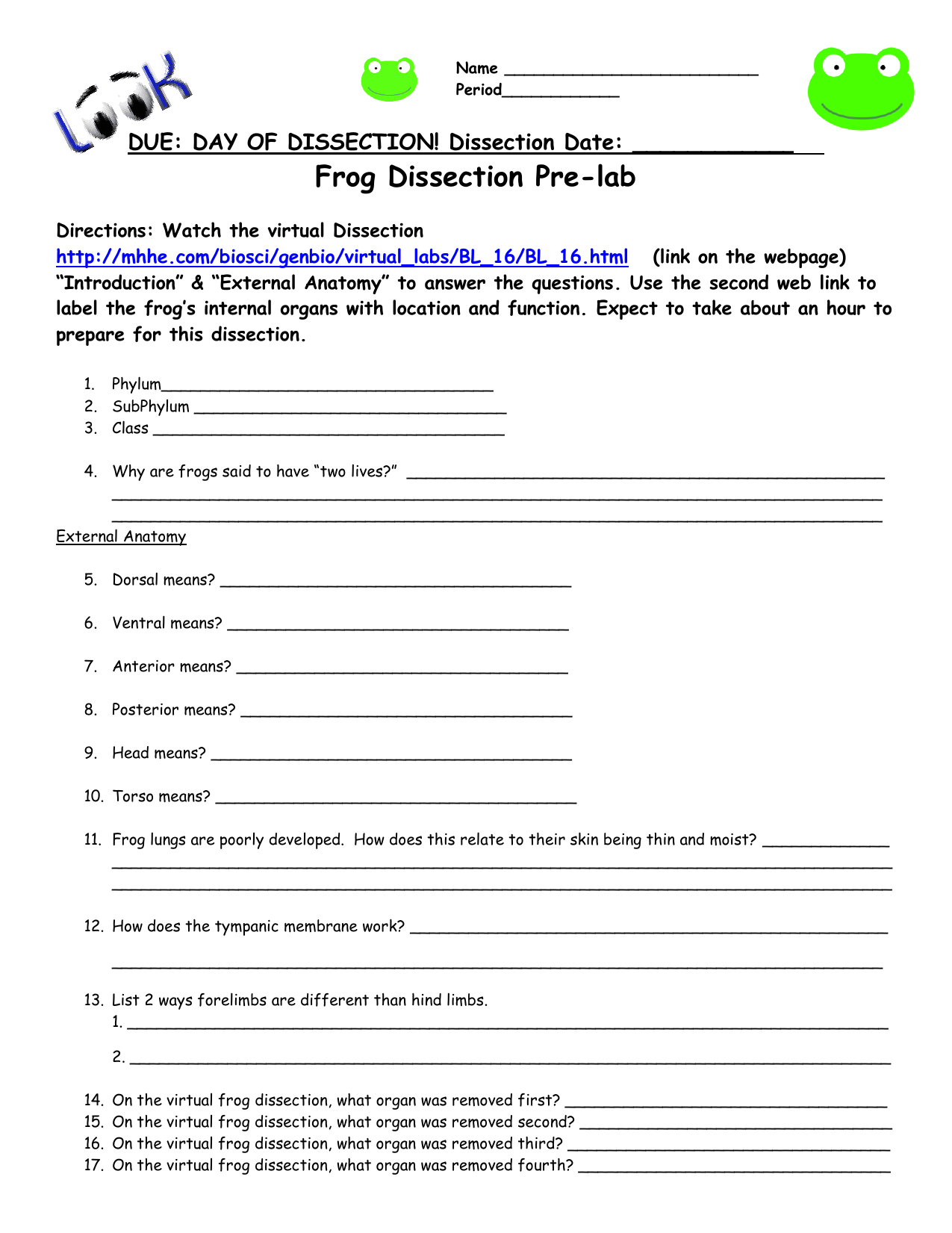 Frog Dissection Worksheet For Frog Dissection Worksheet
