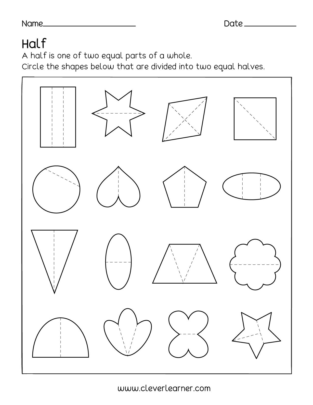 Fun Activity On Fractions Half 12 Worksheets For Children In Dividing Shapes Into Equal Parts Worksheet