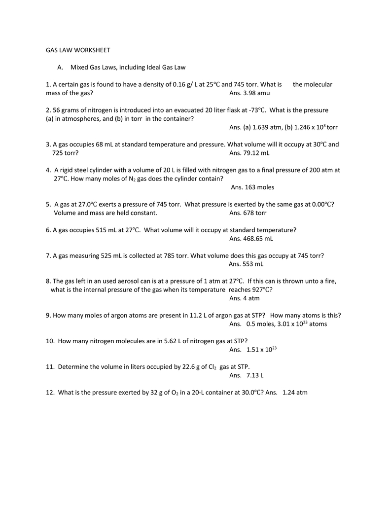 Gas Law Worksheet Mixed Gas Laws Including Ideal Gas Law For Mixed Gas Laws Worksheet Answers