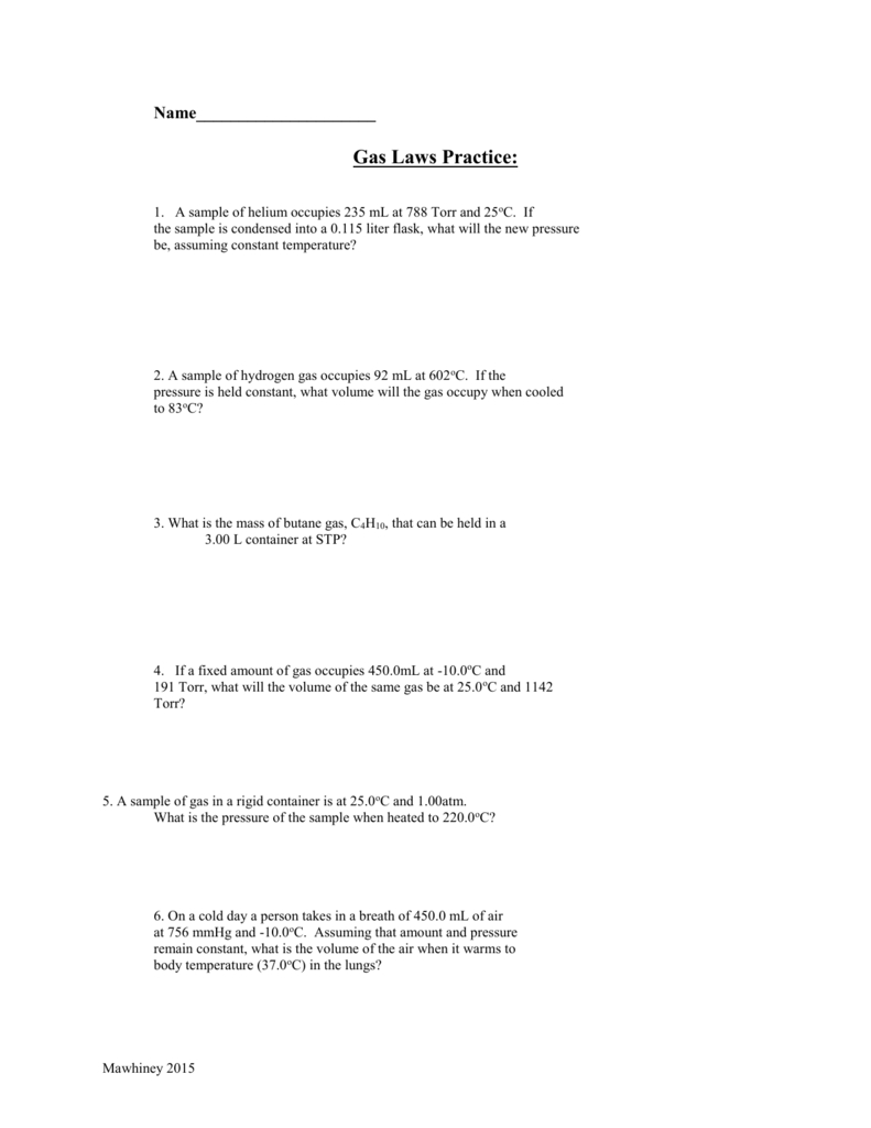 Gas Laws Review Worksheet Pertaining To Gas Laws Practice Worksheet