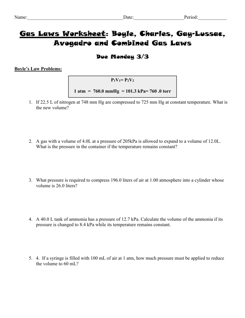 Gas Laws Worksheet 2 Boyle Charles And Combined Gas Laws Pertaining To Combined Gas Law Problems Worksheet